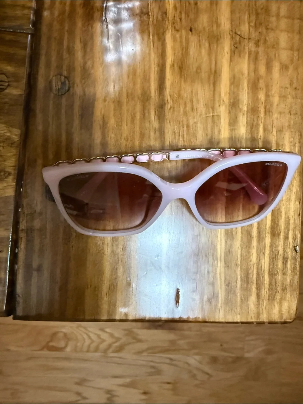 CHANEL Pink Square Sunglasses w Gold Chain Detail on temple